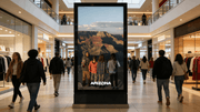 Digital billboard featuring an Arizona Grand Canyon travel ad displayed in a busy shopping mall.
